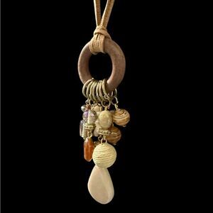 Natural Elements Glass Stone Metal Beads Wood Pendant Cluster Statement Necklace